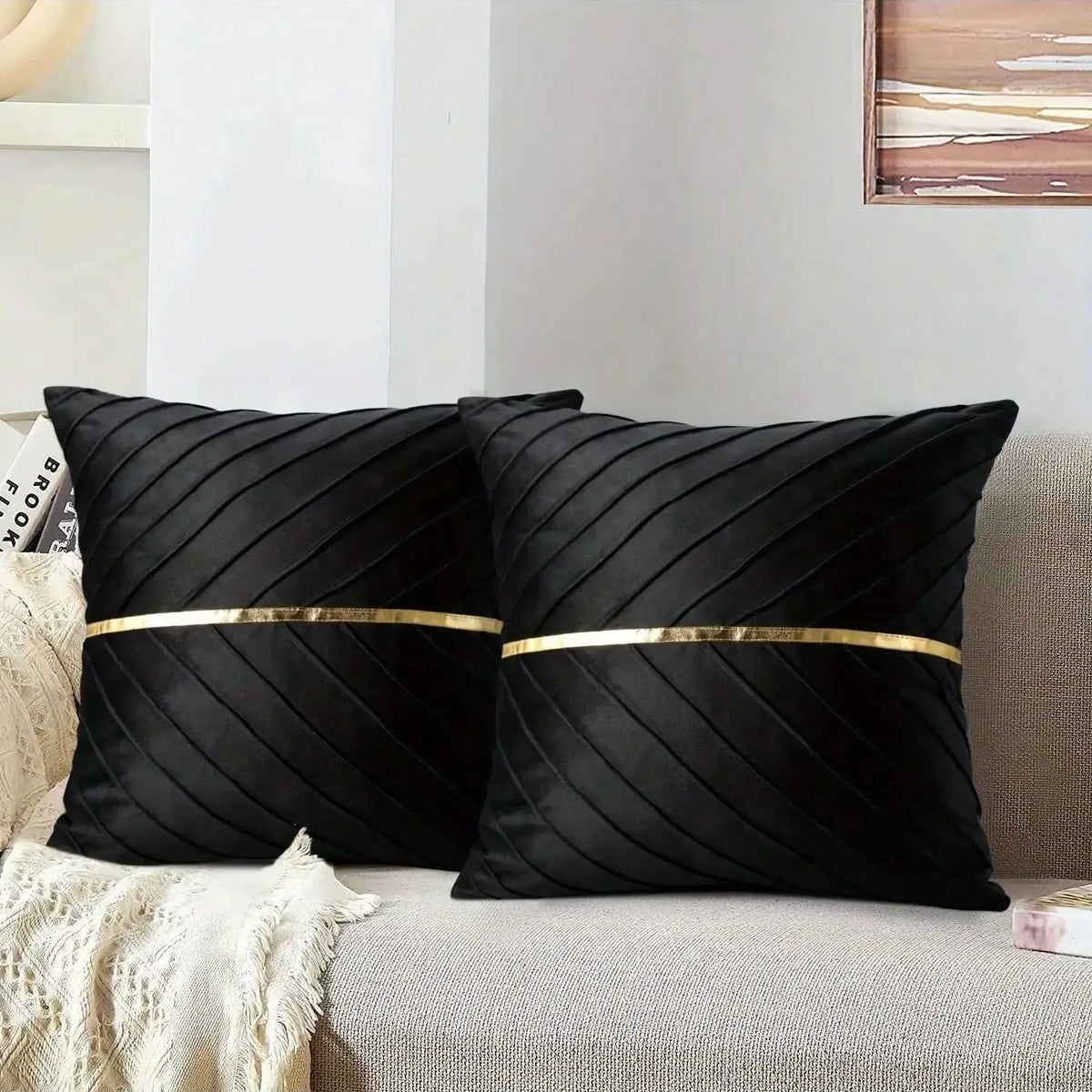 Pleated Velvet Cushion Cover with Gold-Tone Trim – 45 × 45 cm