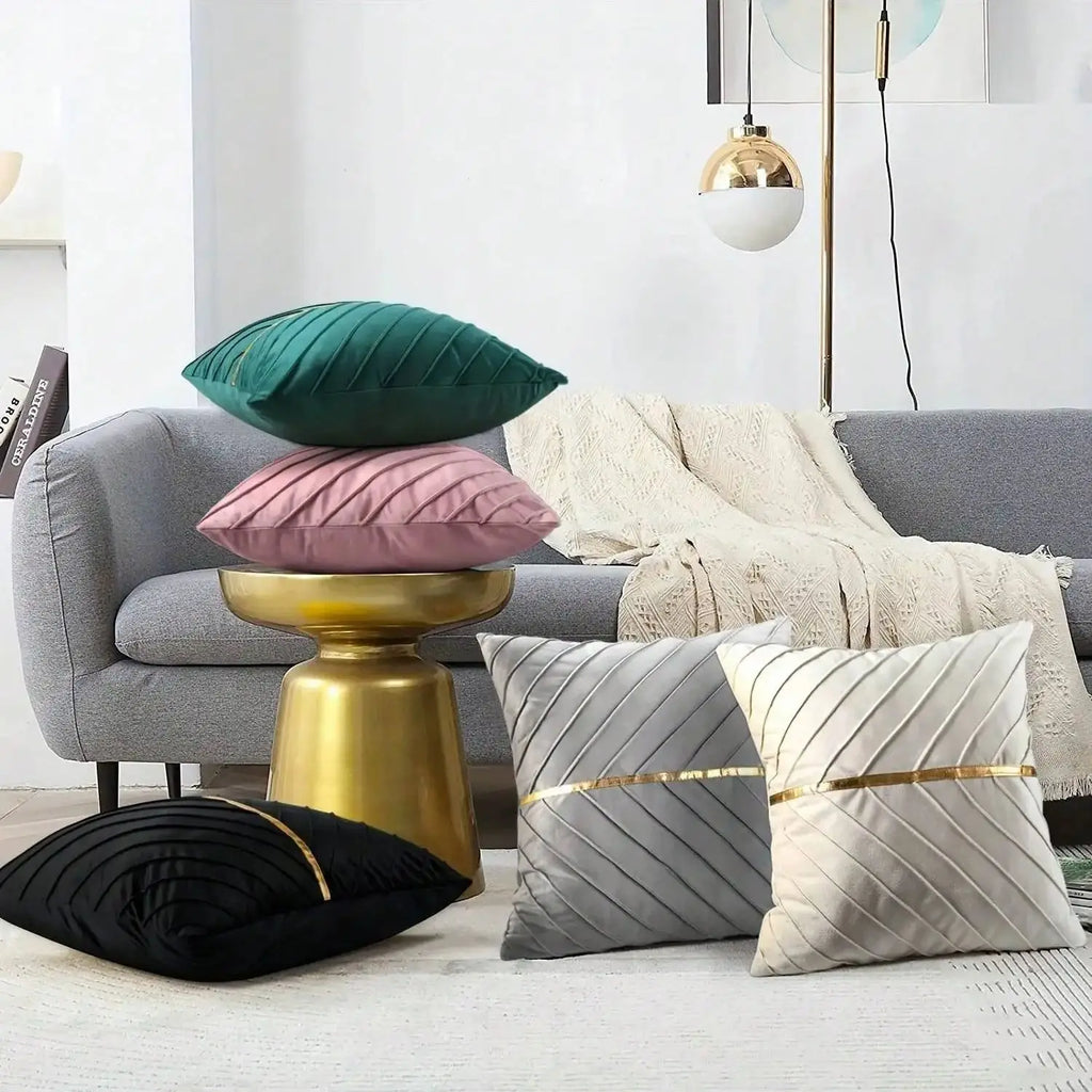 Pleated Velvet Cushion Cover with Gold-Tone Trim – 45 × 45 cm