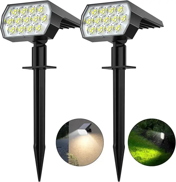Solar Landscape Spotlights – 52 LED, 2-in-1 Stake or Wall Mount, Set of 2
