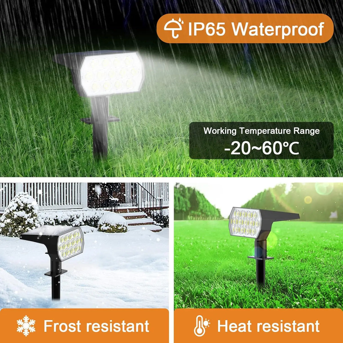 Solar Landscape Spotlights – 52 LED, 2-in-1 Stake or Wall Mount, Set of 2
