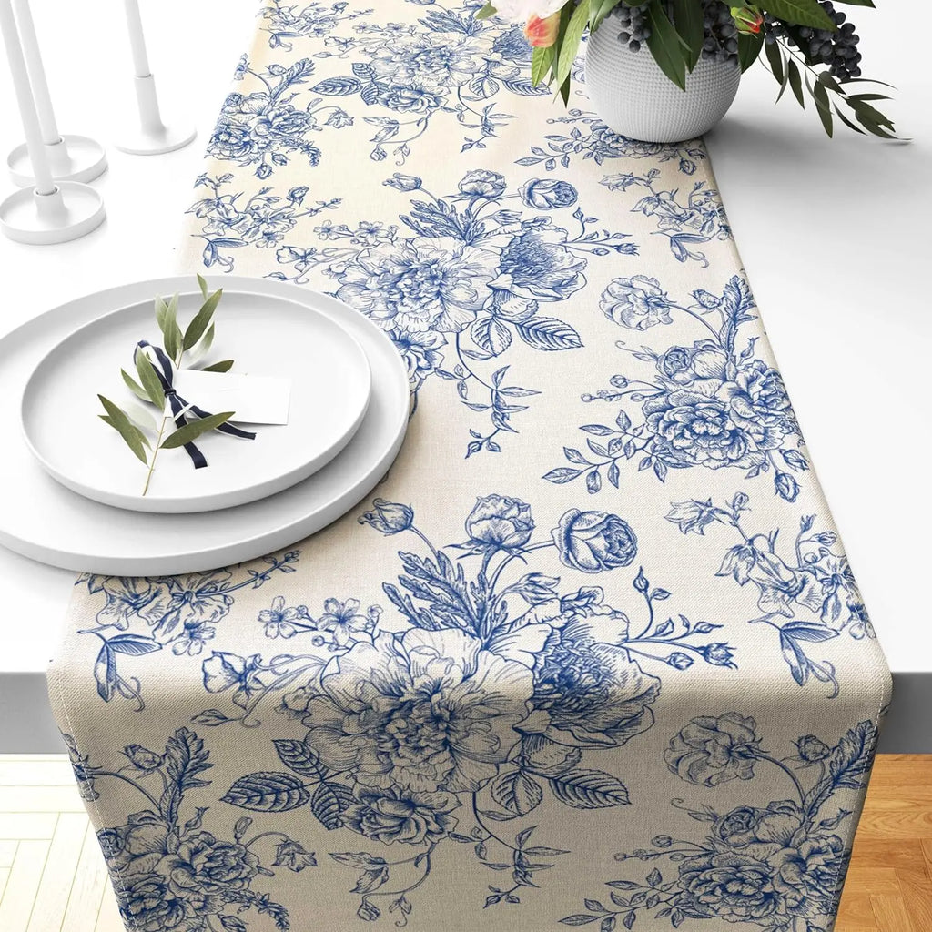 Toile Floral Linen Table Runner – 33 × 180 cm