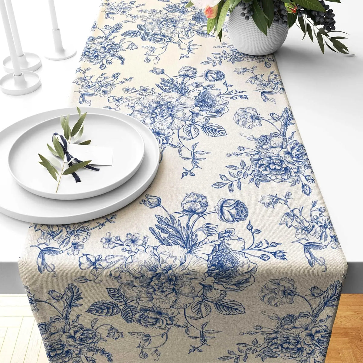 Toile Floral Linen Table Runner – 33 × 180 cm