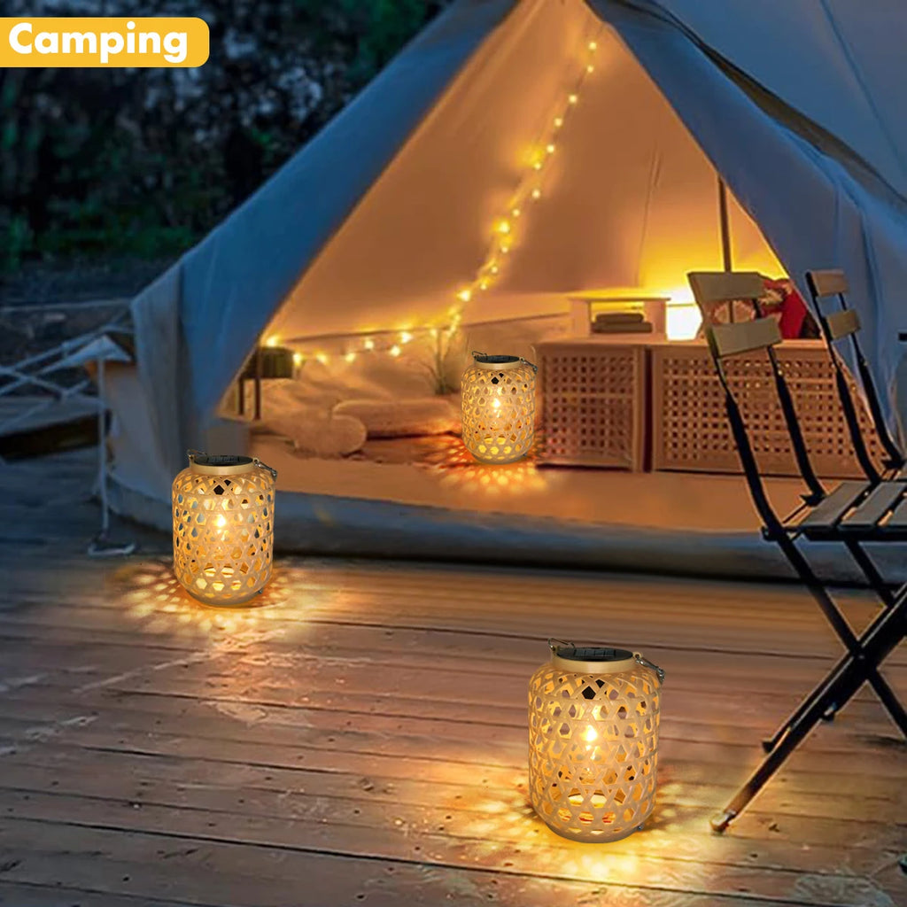 Rattan-Look Solar Lantern with Rope Handle – Vintage Bulb Glow