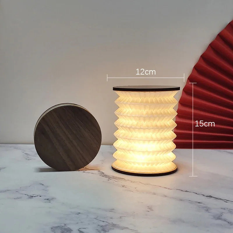 Folding Paper Lantern Cordless Lamp – Wooden Lids, 15 cm
