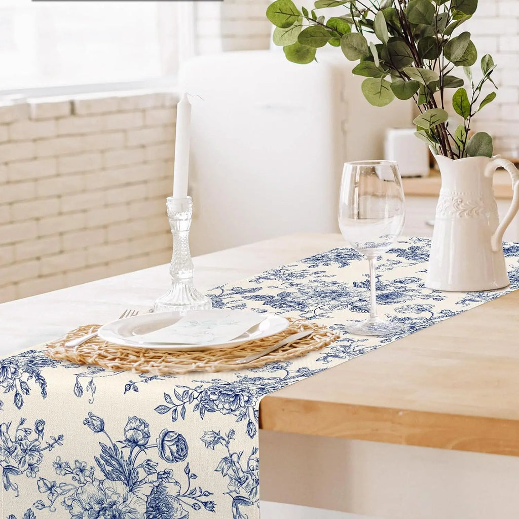 Toile Floral Linen Table Runner – 33 × 180 cm
