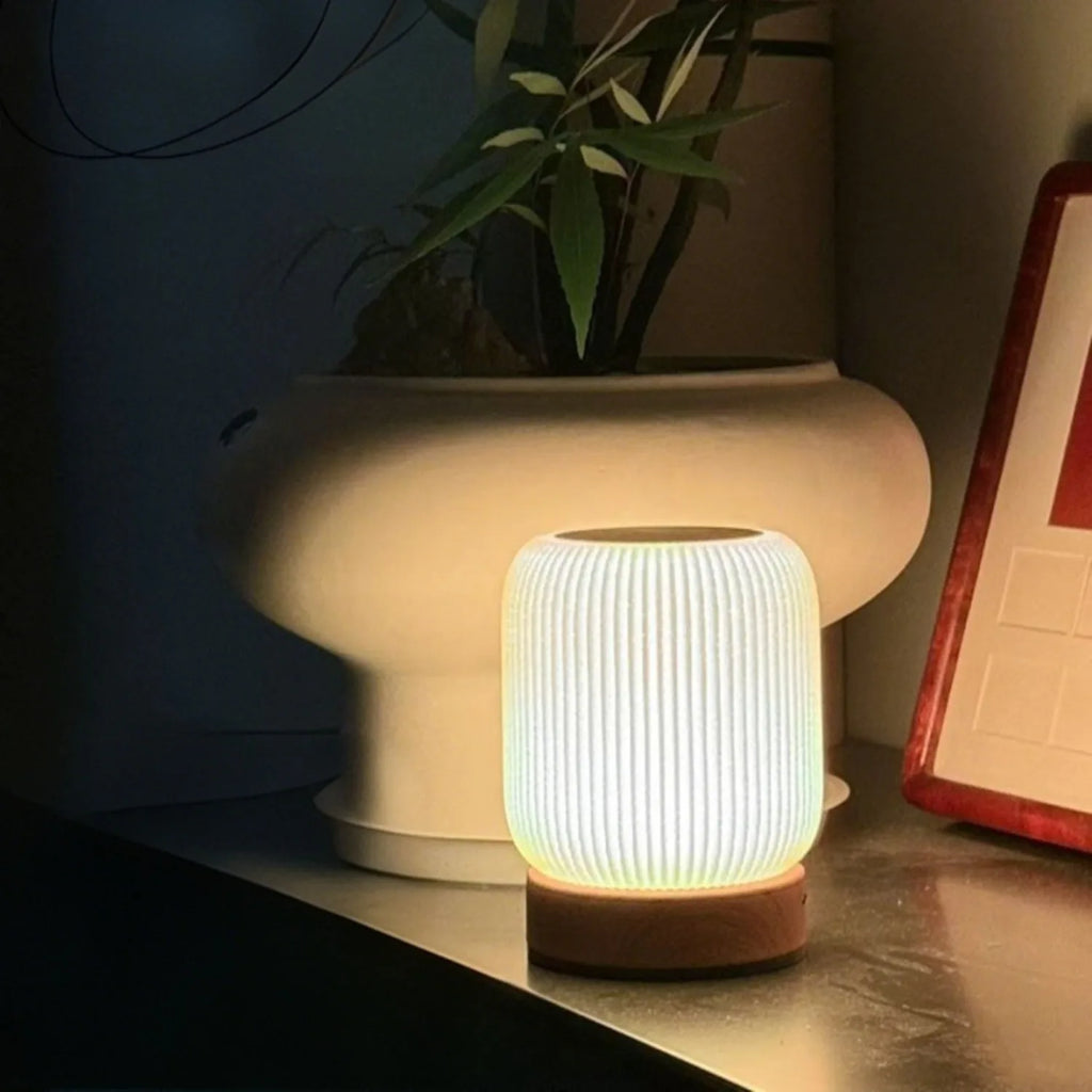 Ribbed Shade Cordless Lamp – Wood-Grain Base, 15 cm