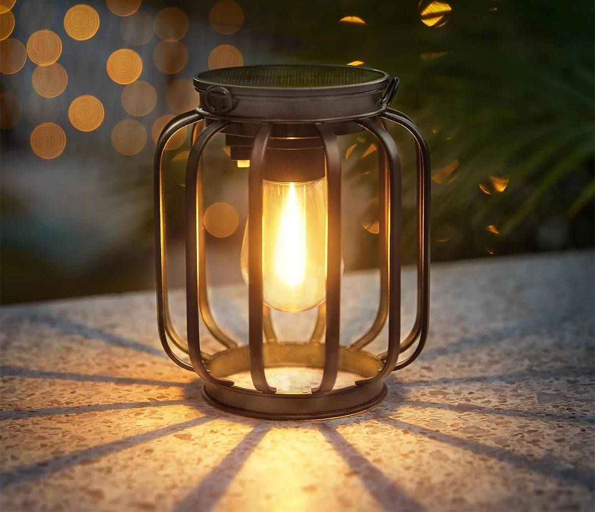 Iron Solar Hanging Lantern – Vintage Bulb Look