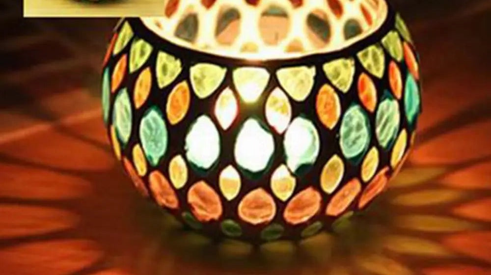 Moroccan Mosaic Glass Tea Light Holder – 9 cm — Amber & green